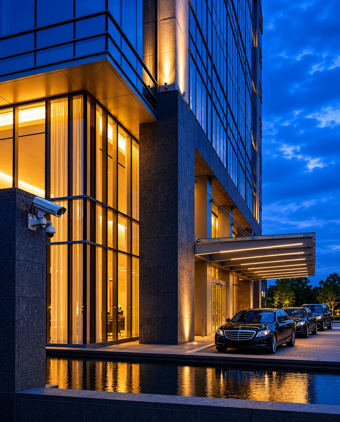 Monitored ultra-premium corporate headquarters entrance at blue hour, with a high-end surveillance camera overlooking the lobby and chauffeured executive vehicles